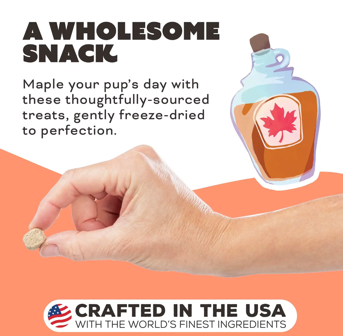 Primal freeze-dried pork maple goat milk dog treats package showing ingredient list and nutritional information details.