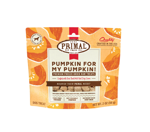 Primal freeze-dried chicken and pumpkin dog treats package featuring brand logo and product imagery.