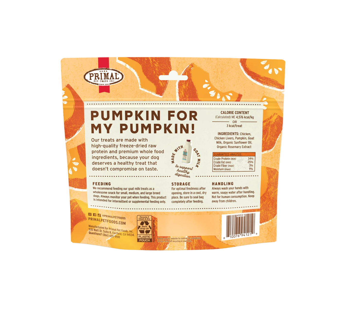 Primal freeze-dried chicken and pumpkin dog treats scattered on wooden surface showing texture and size.