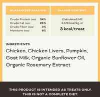 Primal freeze-dried chicken and pumpkin dog treats scattered on wooden surface showing texture and size.