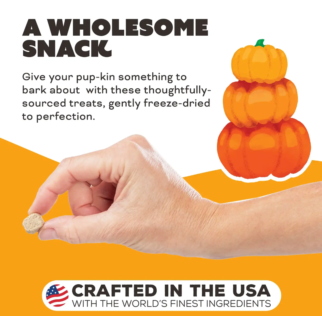 Primal freeze-dried chicken and pumpkin dog treats package showing ingredient list and nutritional information details.