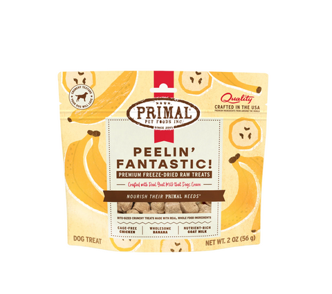 Primal freeze-dried chicken and banana dog treats package featuring natural single-ingredient nutrition for pets.
