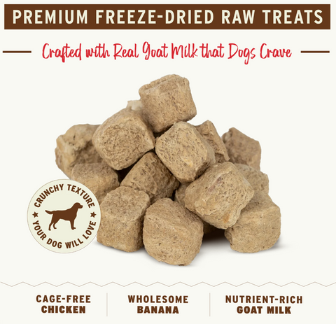 Primal freeze-dried chicken and banana dog treats showing texture and ingredient detail in close-up view.