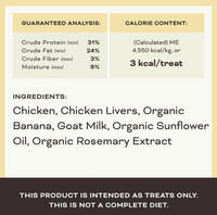 Primal freeze-dried chicken and banana dog treats shown in lifestyle setting with happy dog enjoying the natural snacks.
