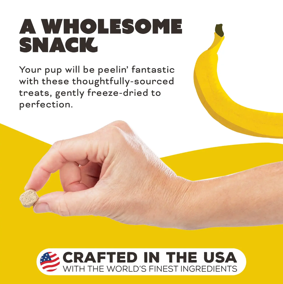 Primal freeze-dried chicken and banana dog treats package showing ingredient list and nutritional information details.