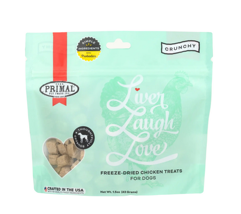 Primal freeze-dried chicken liver dog treats package showing crunchy brown single-ingredient training rewards.