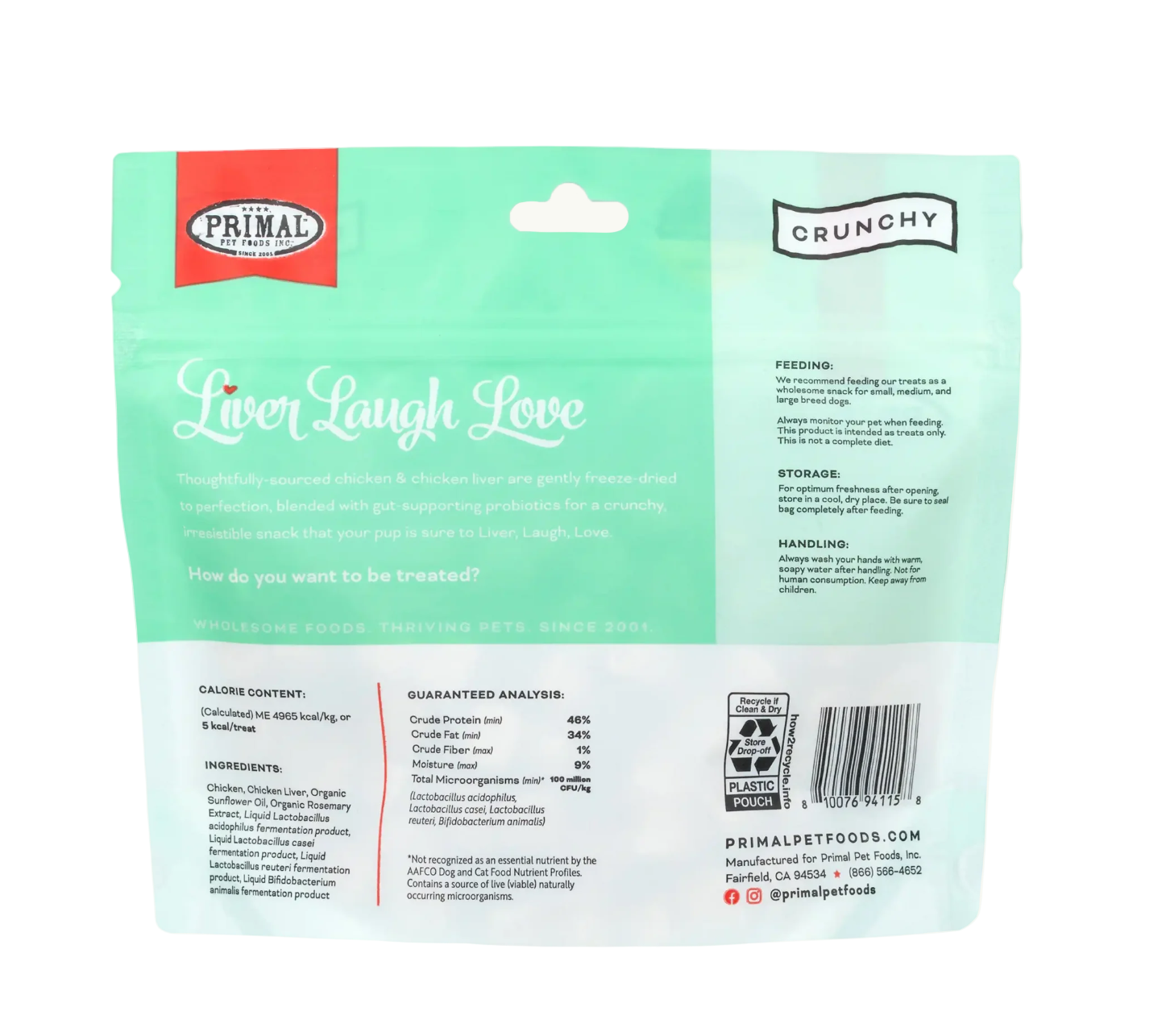Primal freeze-dried chicken liver treats scattered on white surface showing dark brown crunchy texture and irregular shapes