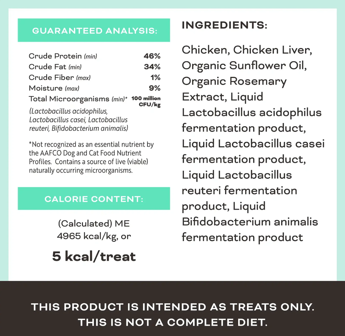 Primal freeze-dried chicken liver treats package showing ingredient list and nutritional information on back label.