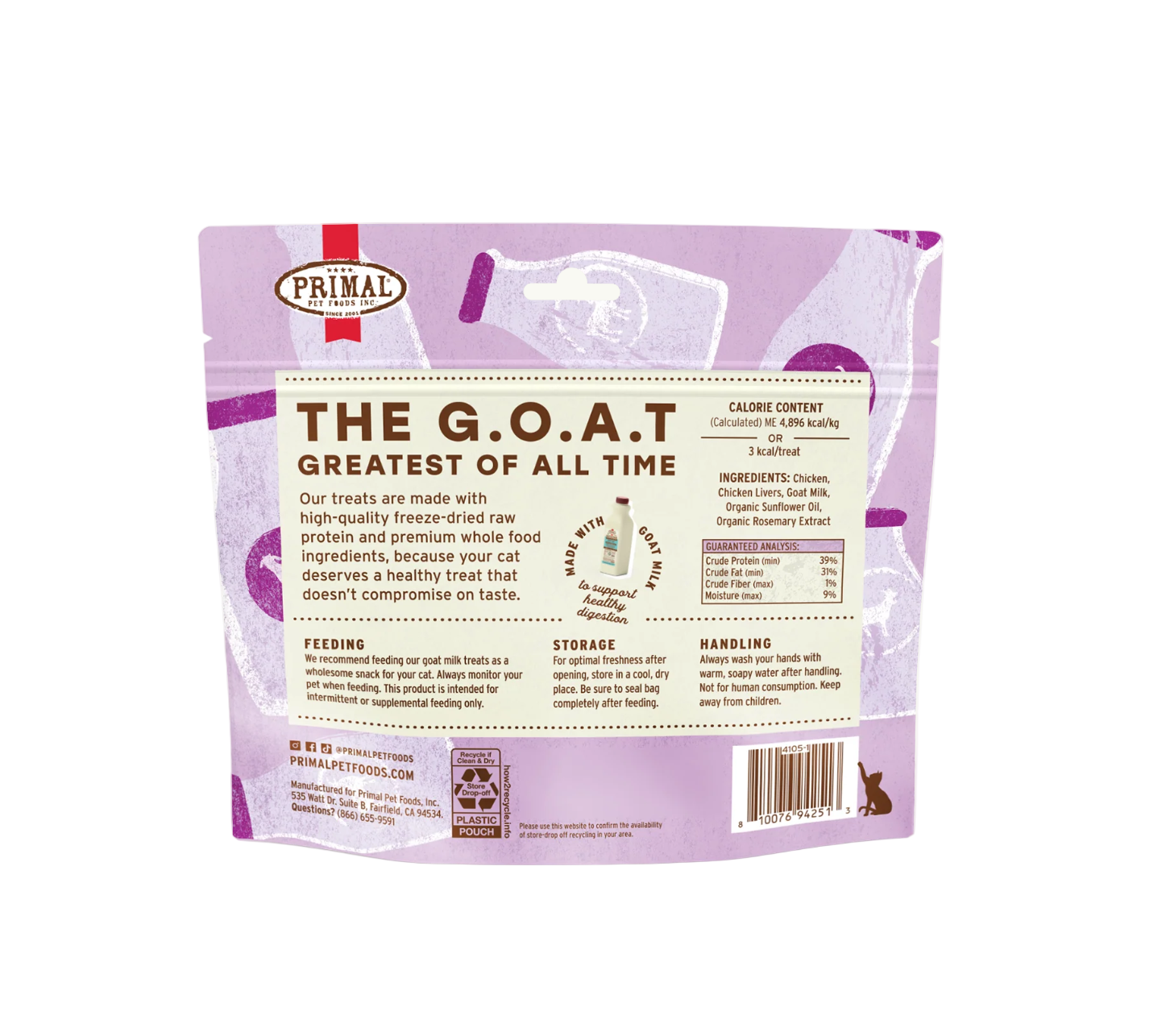 Primal freeze-dried chicken and goat milk cat treats scattered on white surface showing texture detail