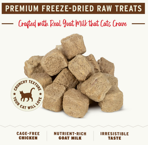 Primal freeze-dried chicken and goat milk cat treats showing detailed texture and natural ingredients close-up.