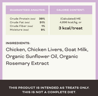 Primal freeze-dried chicken and goat milk cat treats displayed in natural lifestyle setting showing product packaging.