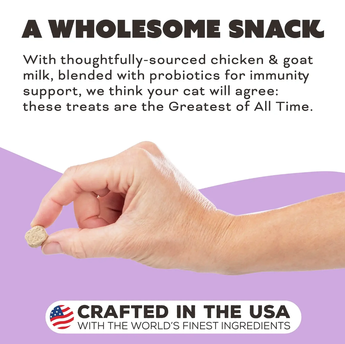 Primal freeze-dried chicken and goat milk cat treats package showing nutritional information and feeding guidelines.