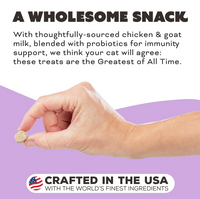 Primal freeze-dried chicken and goat milk cat treats package showing nutritional information and feeding guidelines.