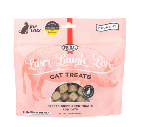 Primal freeze-dried raw pork liver cat treats package showing brand logo and product details.