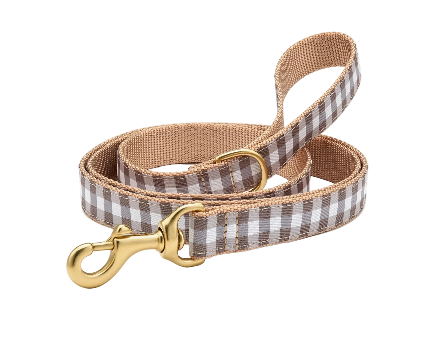 Up Country Gray Buffalo Check dog collar worn by dog during outdoor walk showing plaid pattern.