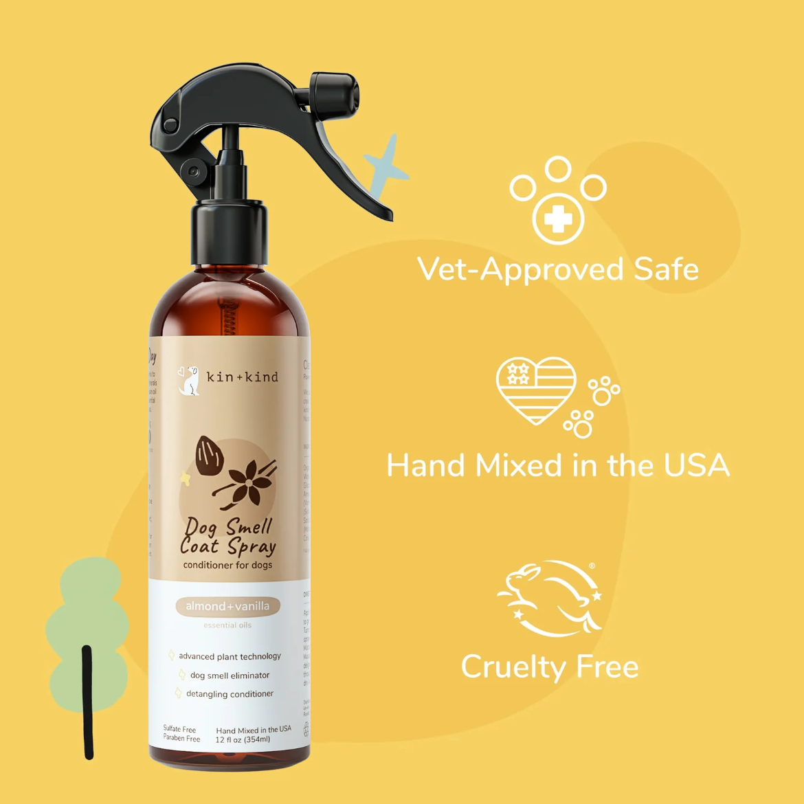 KIN + Kind Almond Vanilla Coat Spray being applied to a dog's fur demonstrating grooming usage