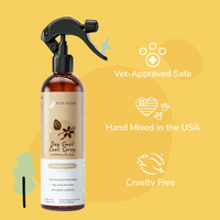 KIN + Kind Almond Vanilla Coat Spray being applied to a dog's fur demonstrating grooming usage
