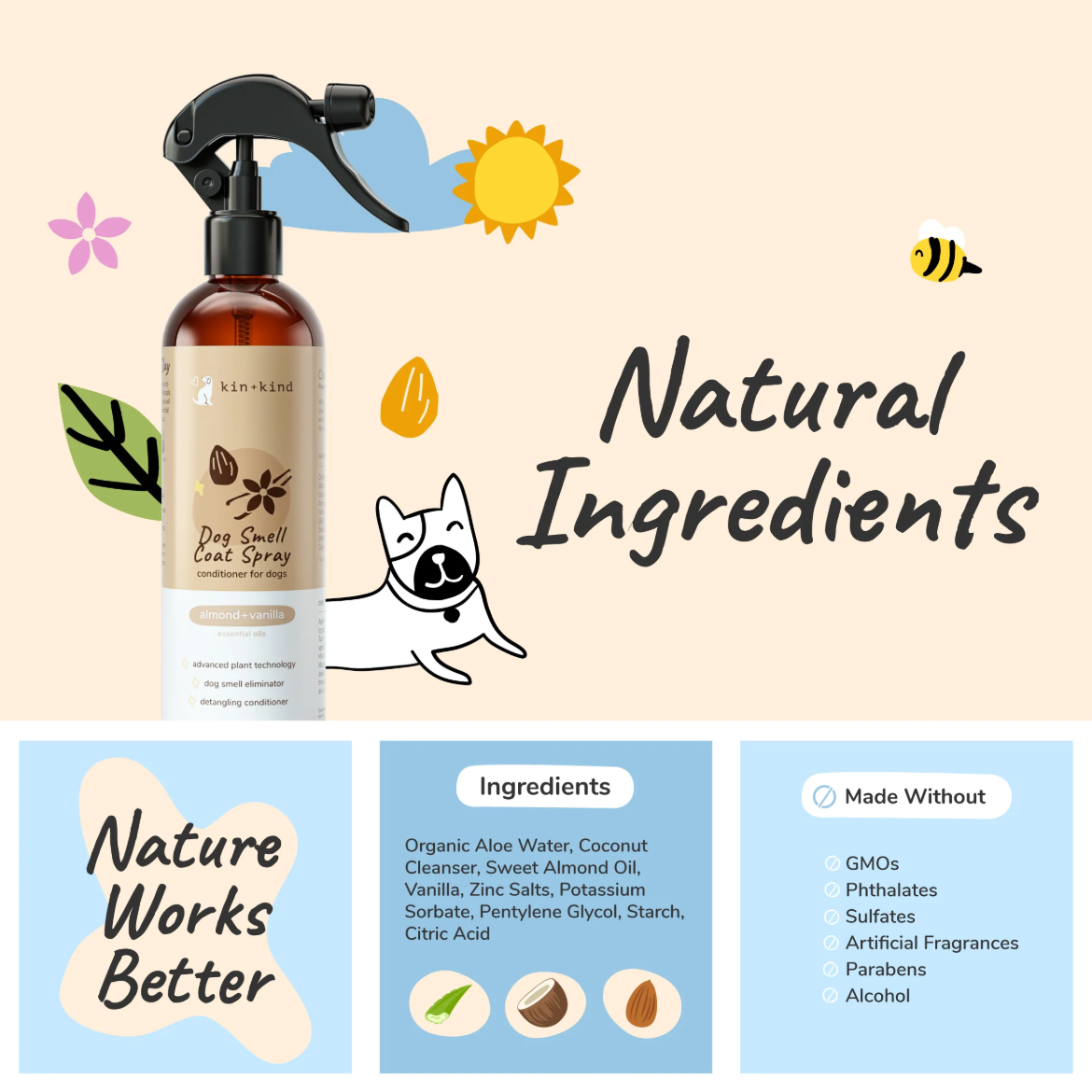 KIN + KIND Almond Vanilla Coat Spray bottle showing detailed ingredient list and usage instructions on label.