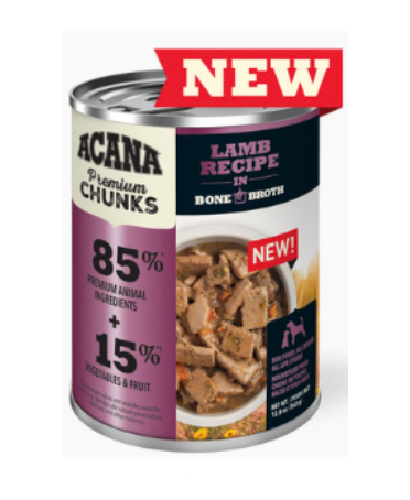 Acana Lamb Chunks in Bone Broth wet dog food can with premium lamb and savory broth ingredients.