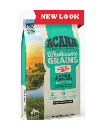 Acana Wholesome Grains Lamb & Pumpkin 4lb dry dog food bag with colorful ingredient imagery.