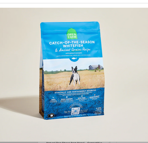 Open Farm Ancient Grain Whitefish dry dog food bag featuring wild-caught protein and heritage grains formula.