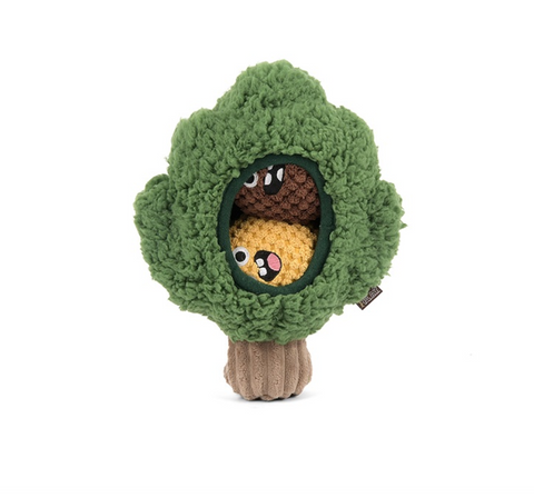 P.L.A.Y. Pine Pals interactive dog toy featuring a plush Monterey Pine tree with hidden squeaky pinecones inside crinkly branches.