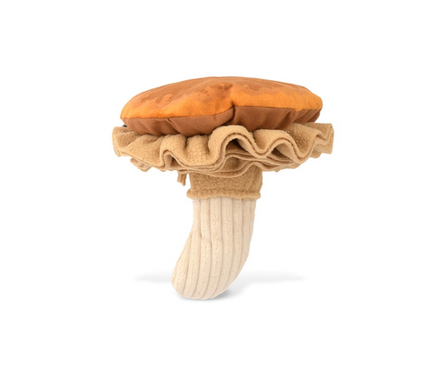 P.L.A.Y. Fun-Guy mushroom dog toy in beige and brown showing detachable squeaky stem and crinkly cap pieces.