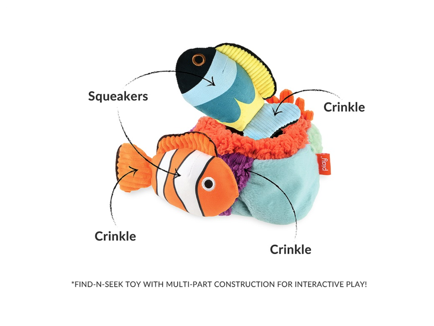 P.L.A.Y. Ocean Buddies Reef Retreat interactive dog toy set with three colorful sea creature pieces displayed together.