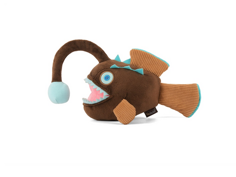 P.L.A.Y. Ocean Buddies Angler Fish plush dog toy featuring dark blue fabric with protruding light lure and fins.