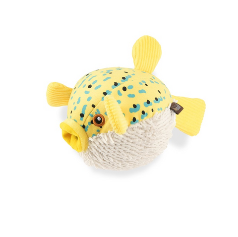 P.L.A.Y. Ocean Buddies puffer fish dog toy in bright orange with spiky textured exterior and squeaker inside.