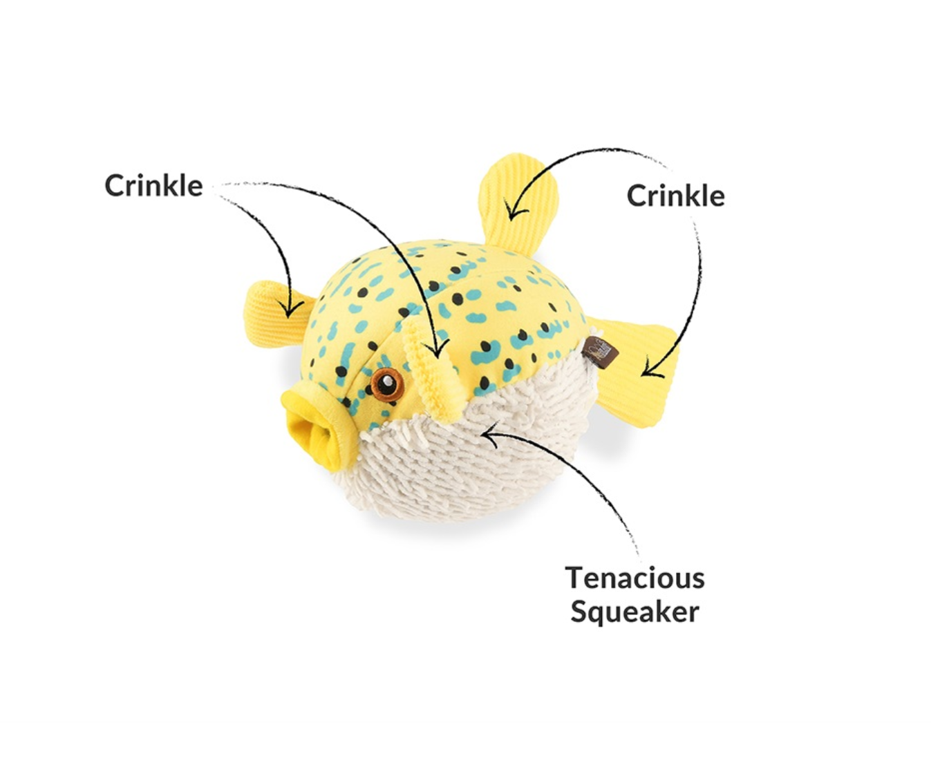 P.L.A.Y. Ocean Buddies puffer fish toy showing textured squeaker ball inside after outer plush layer removal.