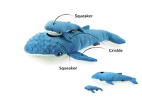 P.L.A.Y. Ocean Buddies blue whale plush toy with detachable baby whale showing interactive play features