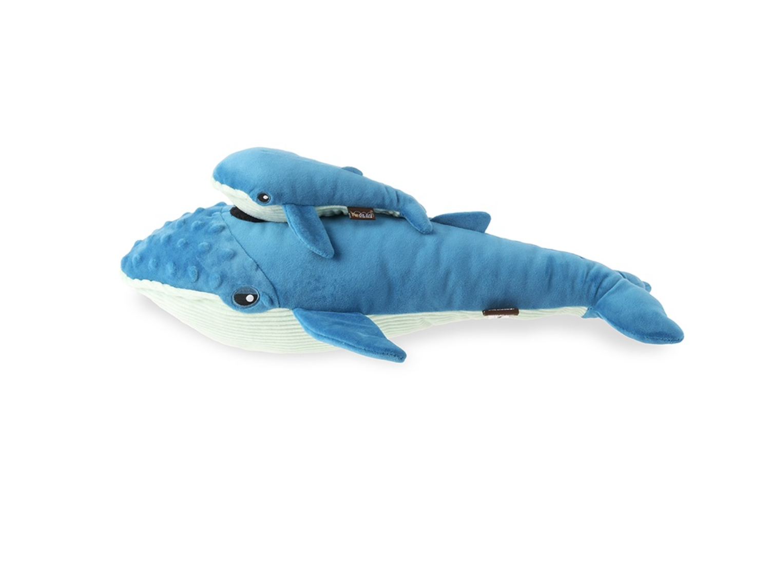 P.L.A.Y. Ocean Buddies Blue Whale plush toy showing detachable baby whale feature and interactive design elements