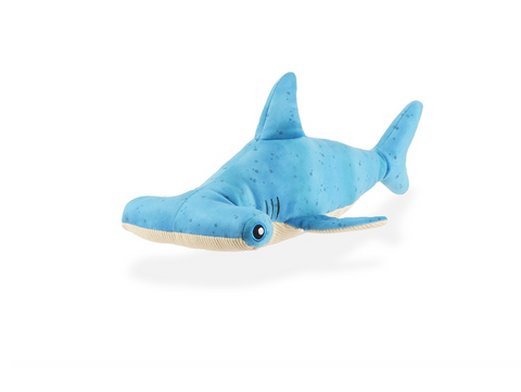 P.L.A.Y. Ocean Buddies Hammerhead plush dog toy in gray and white with distinctive hammer-shaped head design.