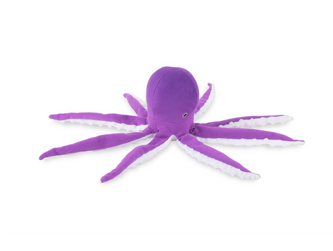 P.L.A.Y. Ocean Buddies Opal the Octopus plush dog toy with purple body and textured tentacles.