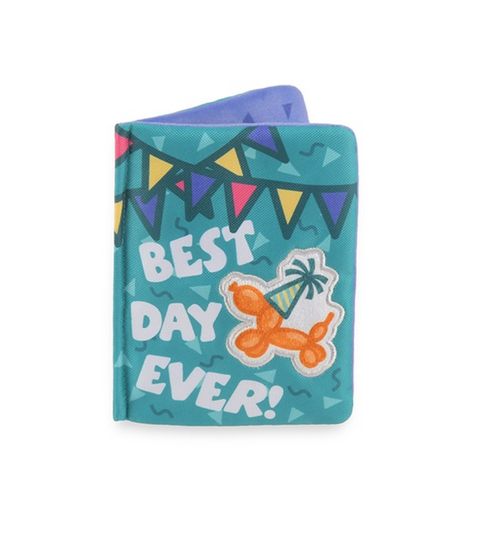 P.L.A.Y. Barkday Wishes interactive dog birthday card toy with colorful party-themed design and multiple textures.