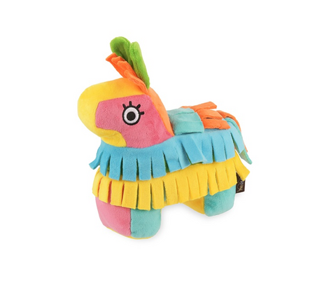 P.L.A.Y. Party Animal Piñata dog toy in colorful festive design with treat-dispensing compartments for interactive play.