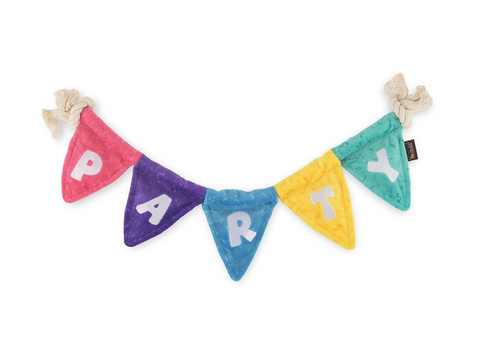 P.L.A.Y. Party Animal Party Banner dog toy featuring five colorful pennant flags connected by rope for interactive play.
