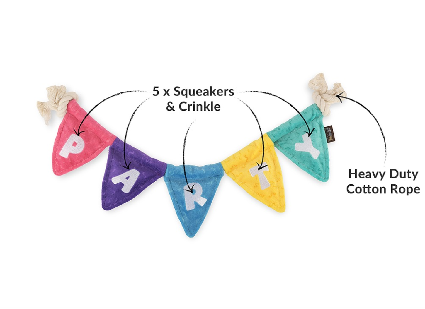 P.L.A.Y. Party Banner with colorful pennant flags being tugged by a happy dog during playtime.