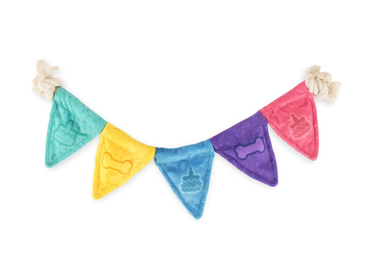 P.L.A.Y. Party Animal Birthday Banner showing five colorful pennant flags arranged in festive celebration design for dogs.