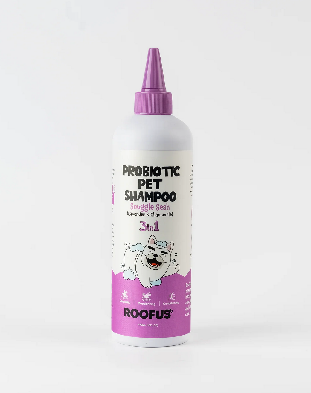 Roofus Snuggle Sesh dog shampoo bottle with purple label and pump dispenser against white background