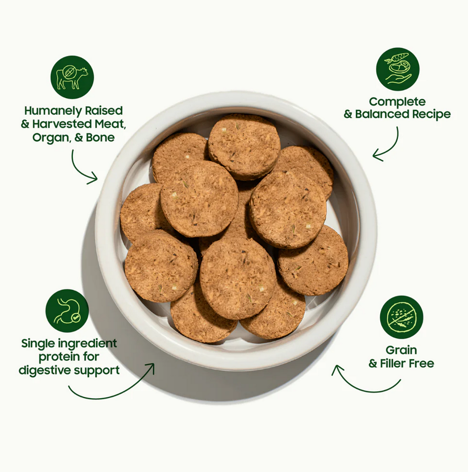 Small Batch Turkey Sliders freeze-dried dog food package showing nutritional information and feeding guidelines on back label.
