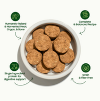 Small Batch Turkey Sliders freeze-dried dog food package showing nutritional information and feeding guidelines on back label.