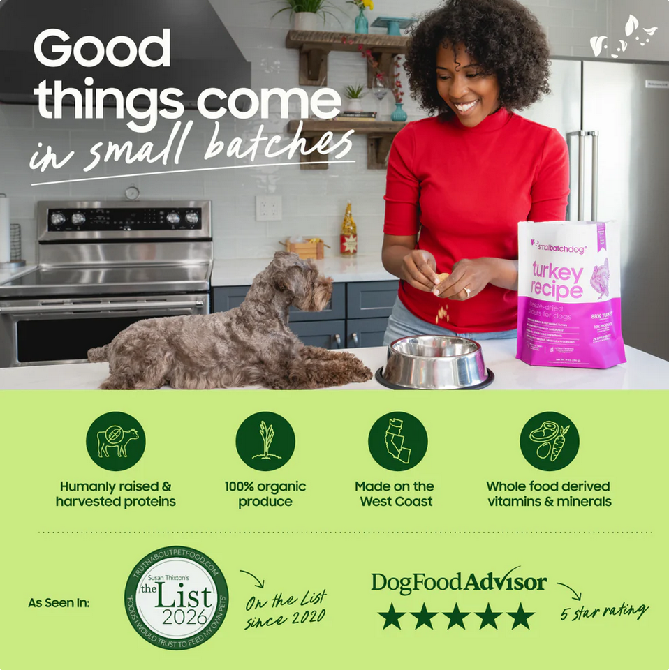 Small Batch Turkey Sliders freeze-dried dog food package showing nutritional information and feeding guidelines on back label