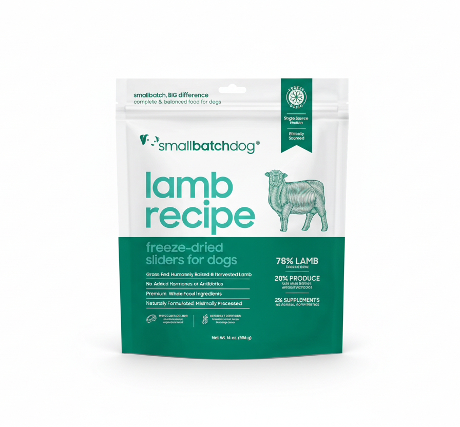 Small Batch Freeze Dried Lamb Sliders dog food package displayed against clean white background.