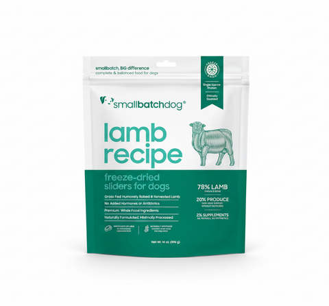 Small Batch Freeze Dried Lamb Sliders dog food package displayed against clean white background.