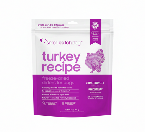 Small Batch Freeze Dried Turkey Sliders pet food package showing premium raw dog nutrition product.
