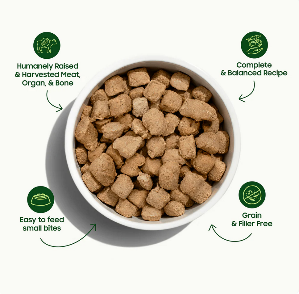 Small Batch Freeze-Dried Turkey Meal Bites for cats showing product packaging back panel with nutritional information.