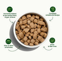 Small Batch Freeze-Dried Turkey Meal Bites for cats showing product packaging back panel with nutritional information.