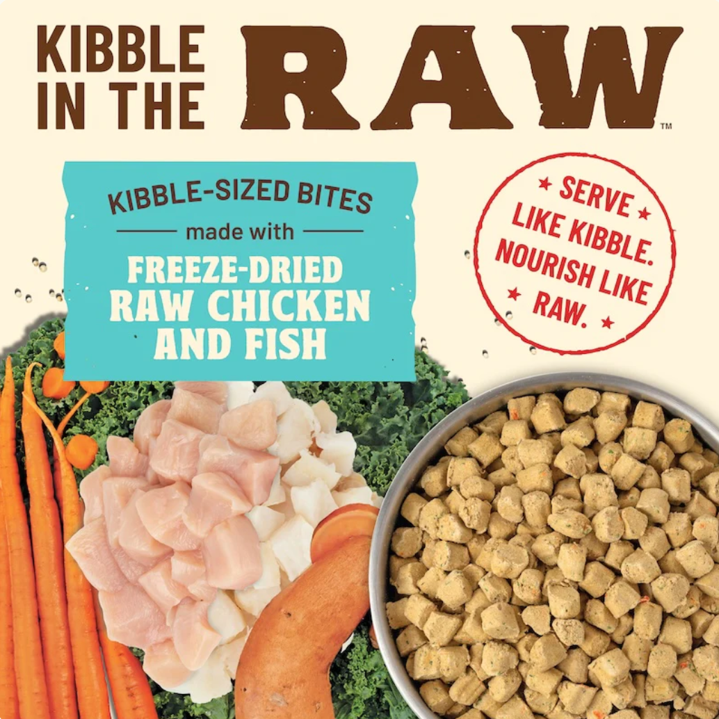 Primal Kibble In The Raw Chicken & Fish cat food packaging detail showing product texture or size reference.